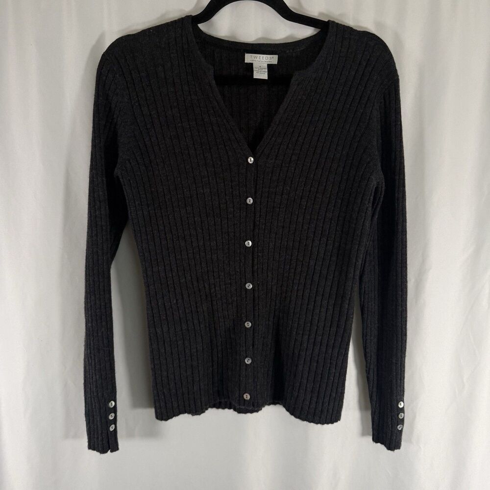 Tweeds Italian Merino Wool Sweater Women's Small Dark Grey Ribbed Button Up